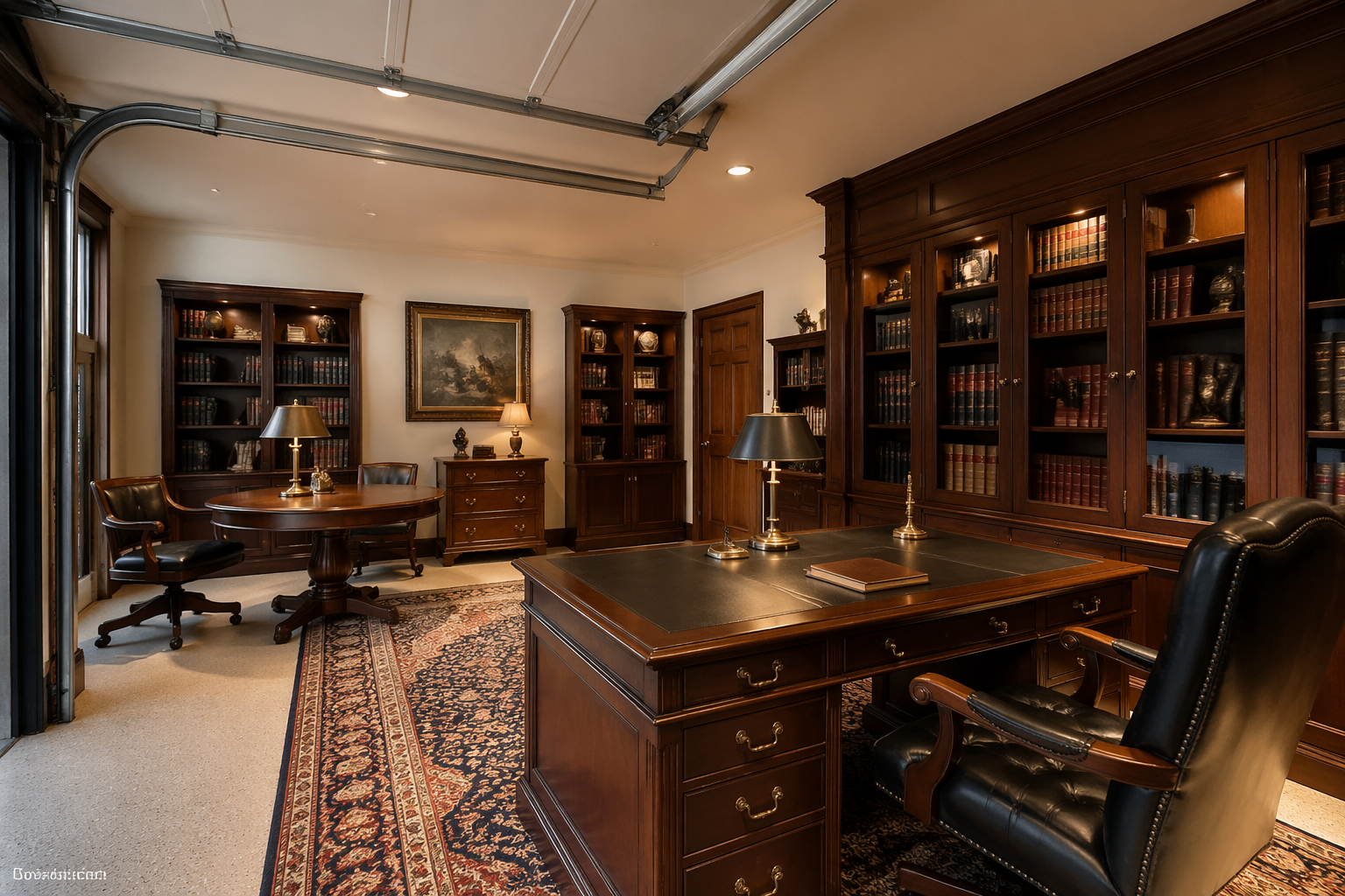 Traditional library-study with wood paneling and executive desk setup