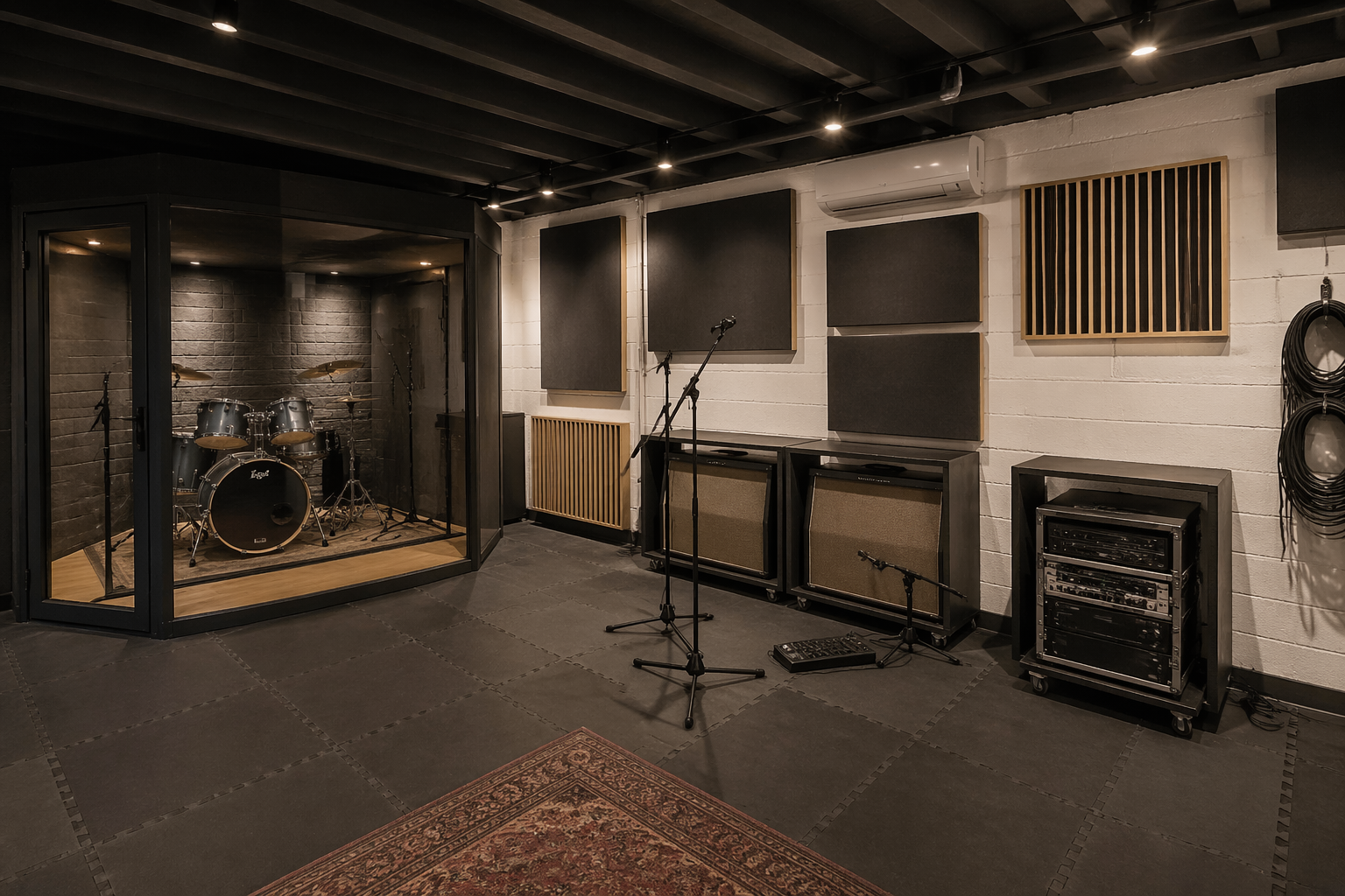 Industrial garage band space with professional acoustic treatment and equipment