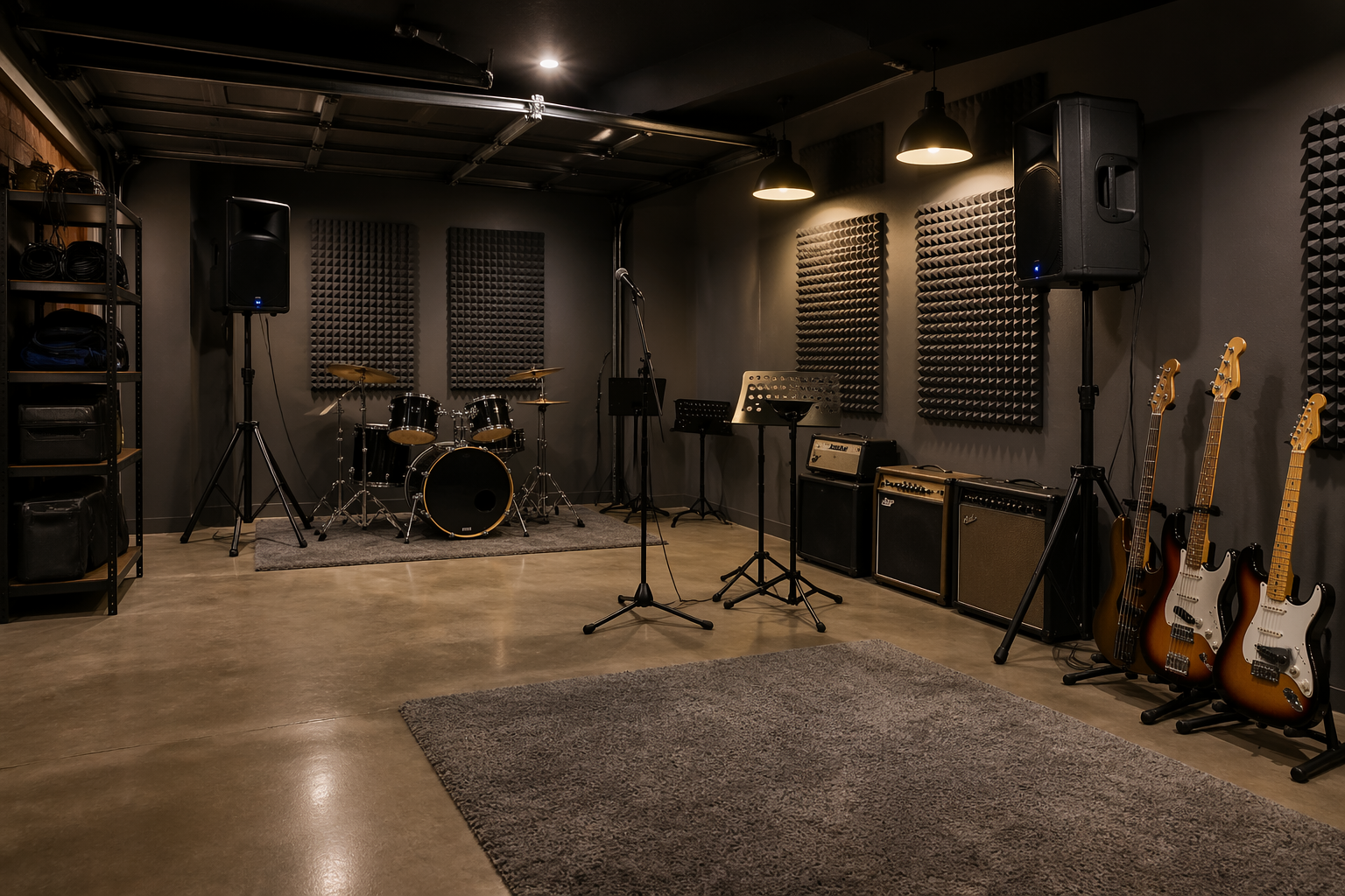 Modern garage band practice room with acoustic panels and organized equipment