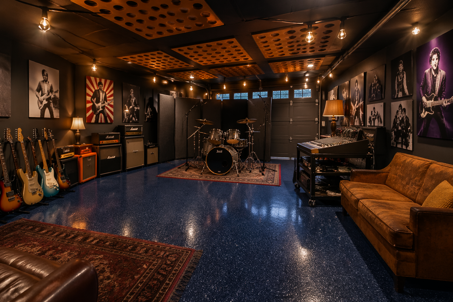 Vintage-style garage band room with epoxy floors and analog equipment