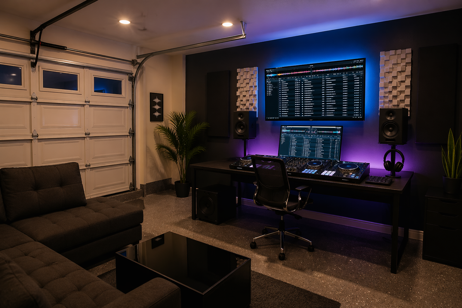 Digital DJ garage studio with controller, multiple screens, and RGB lighting