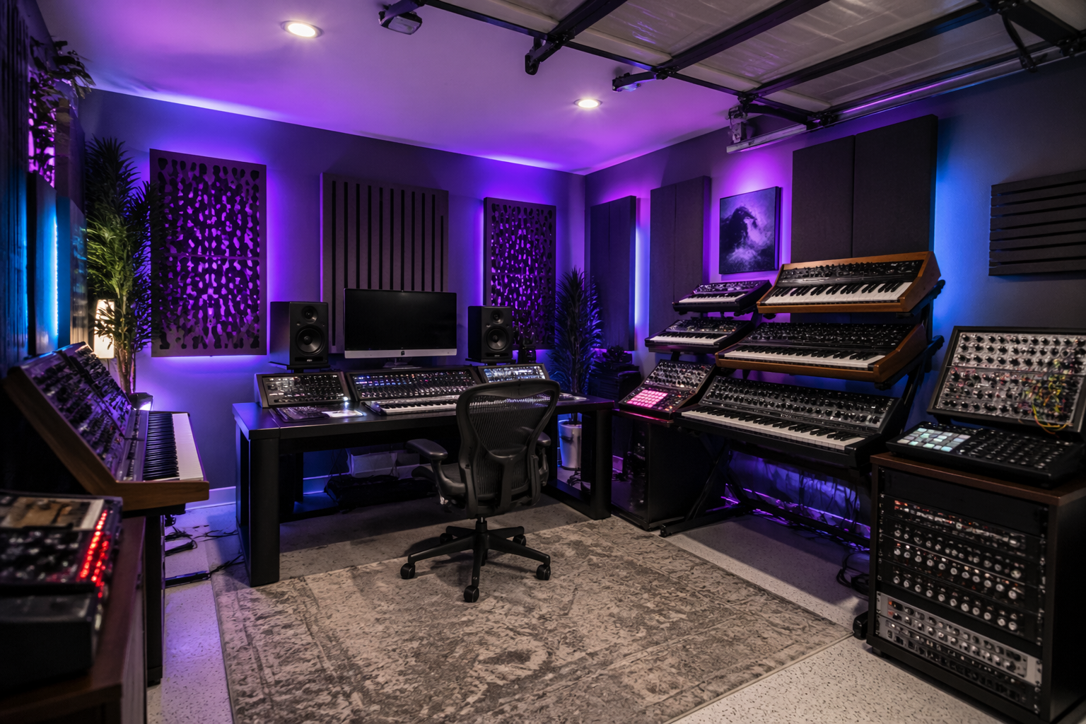 Electronic music garage with synthesizers, MIDI controllers, and production setup