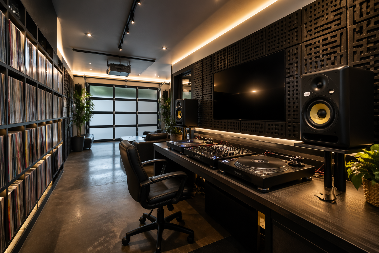 Professional DJ garage with turntables, vinyl storage, and LED lighting system