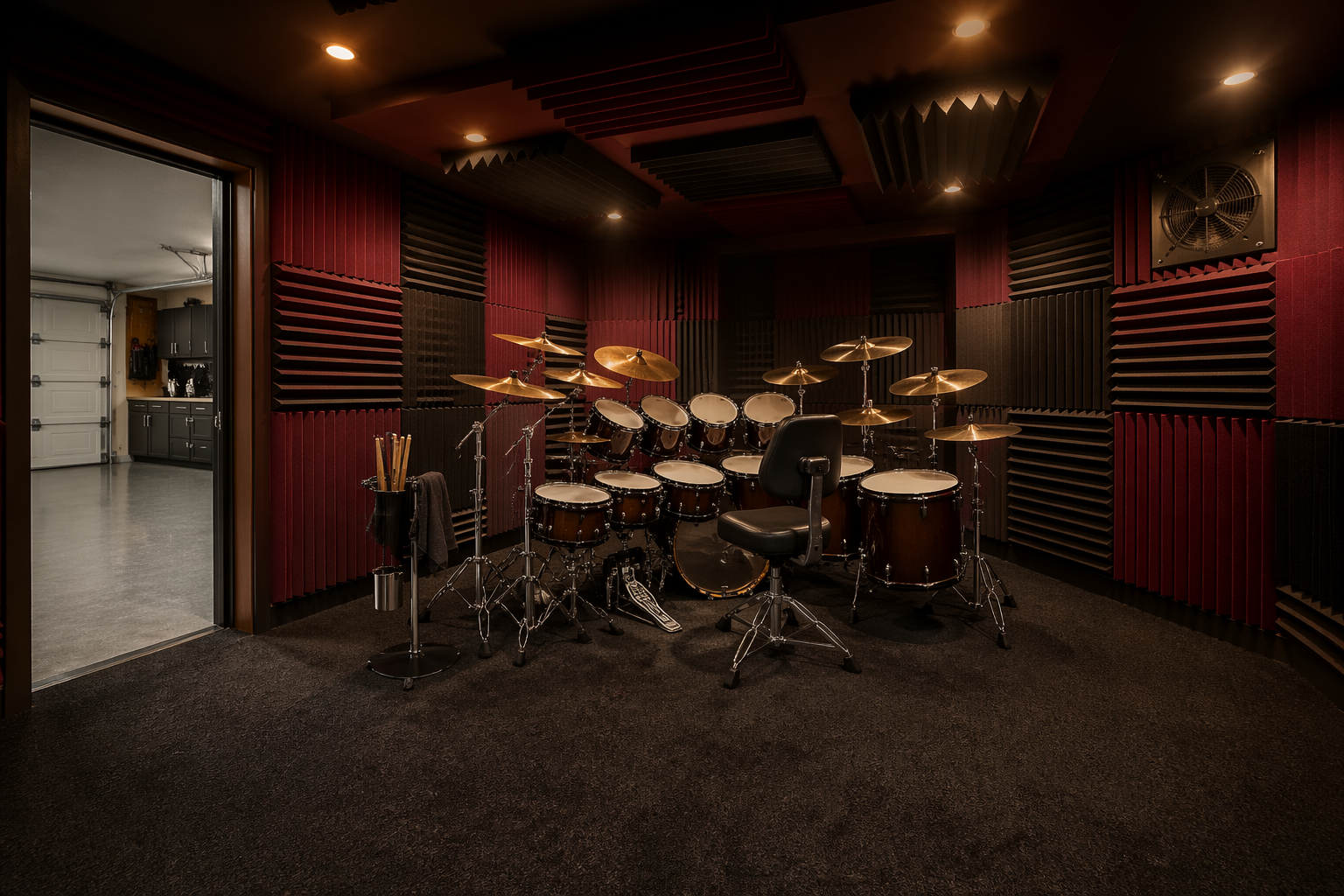 Professional garage drum room with acoustic foam and vibration control flooring