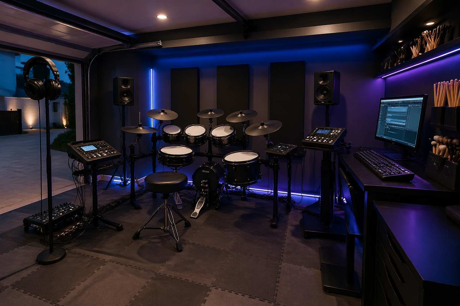 Electronic drum garage studio with foam flooring and LED mood lighting