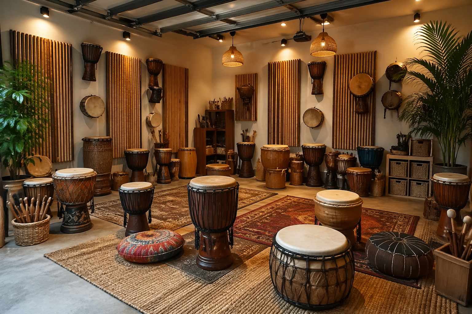 World percussion garage workshop with bamboo panels and natural materials
