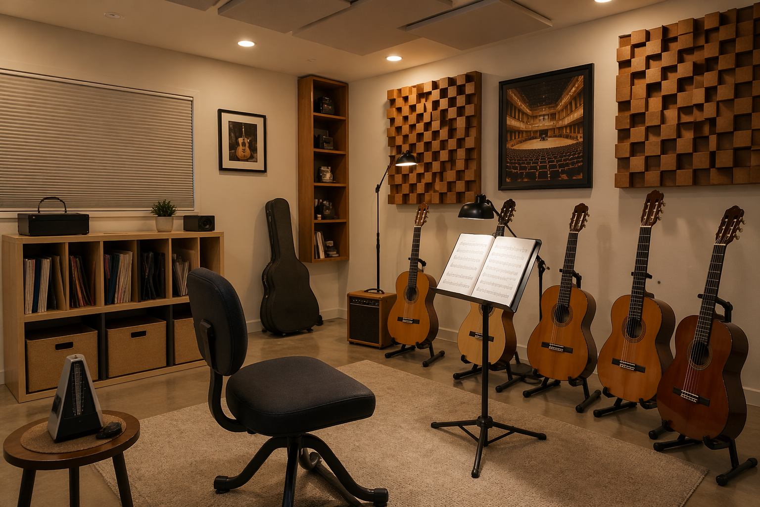 Classical guitar garage practice space with music stands and acoustic diffusion