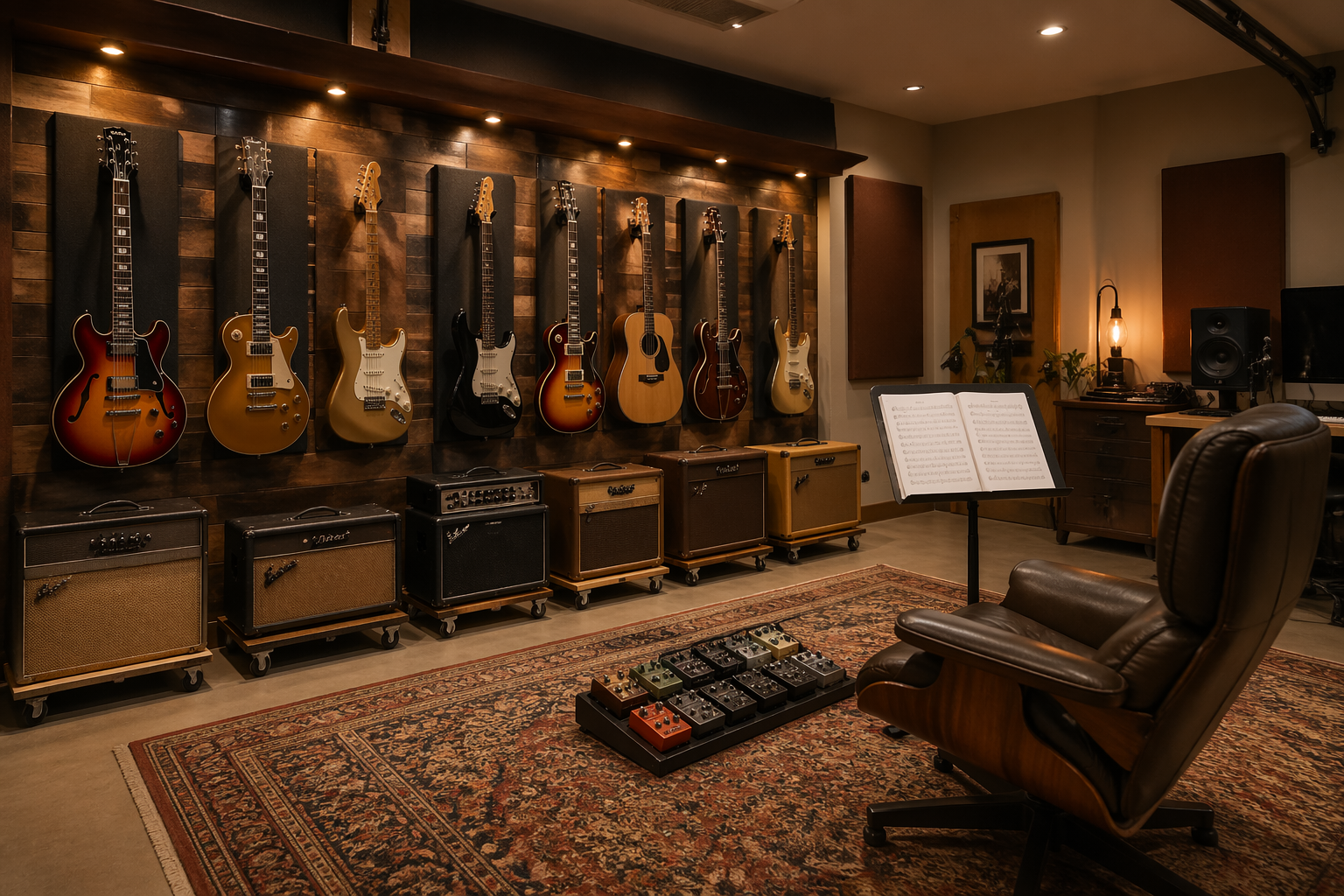 Guitar garage studio with custom wall display and vintage amplifiers