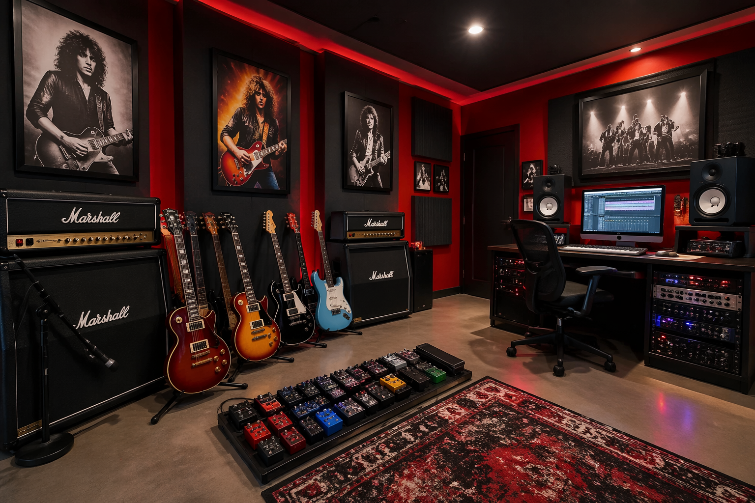 Electric guitar garage studio with Marshall stacks and custom pedalboard setup