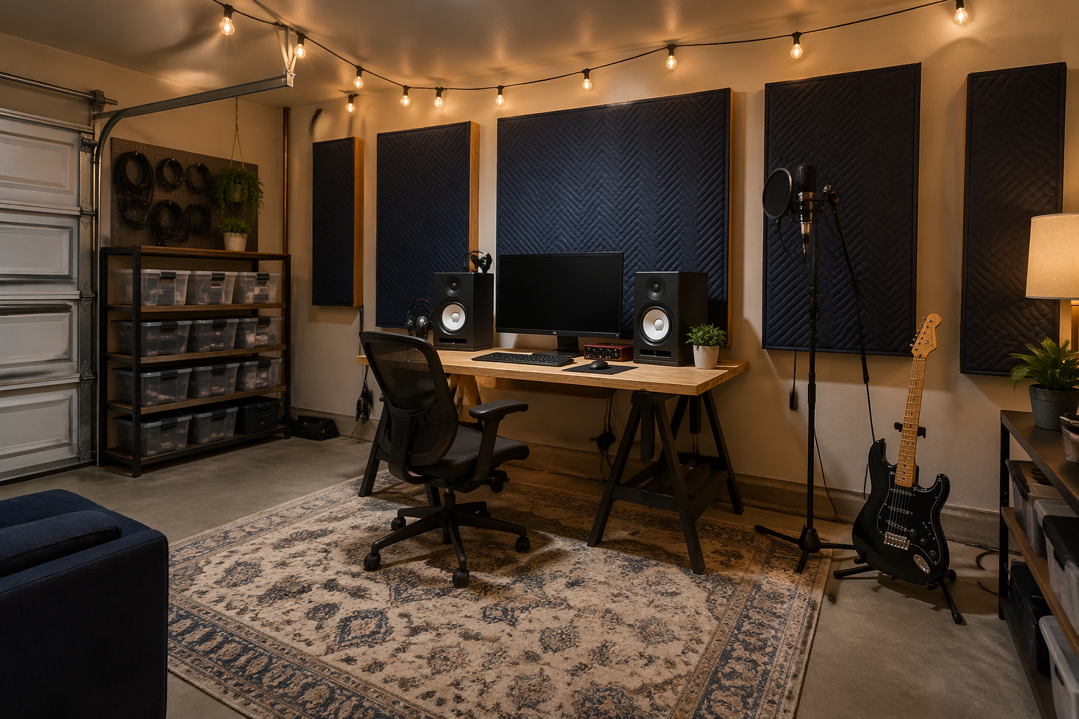 Budget garage recording studio with DIY acoustic treatment and simple setup
