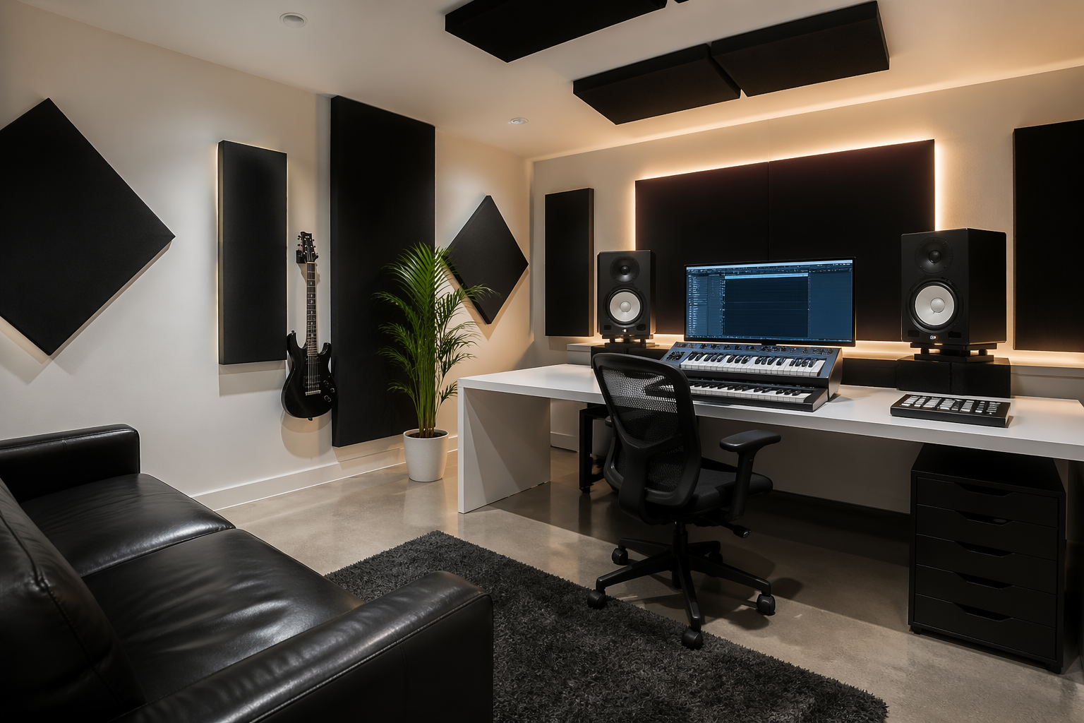 Minimalist garage recording studio with geometric acoustic panels and LED lighting