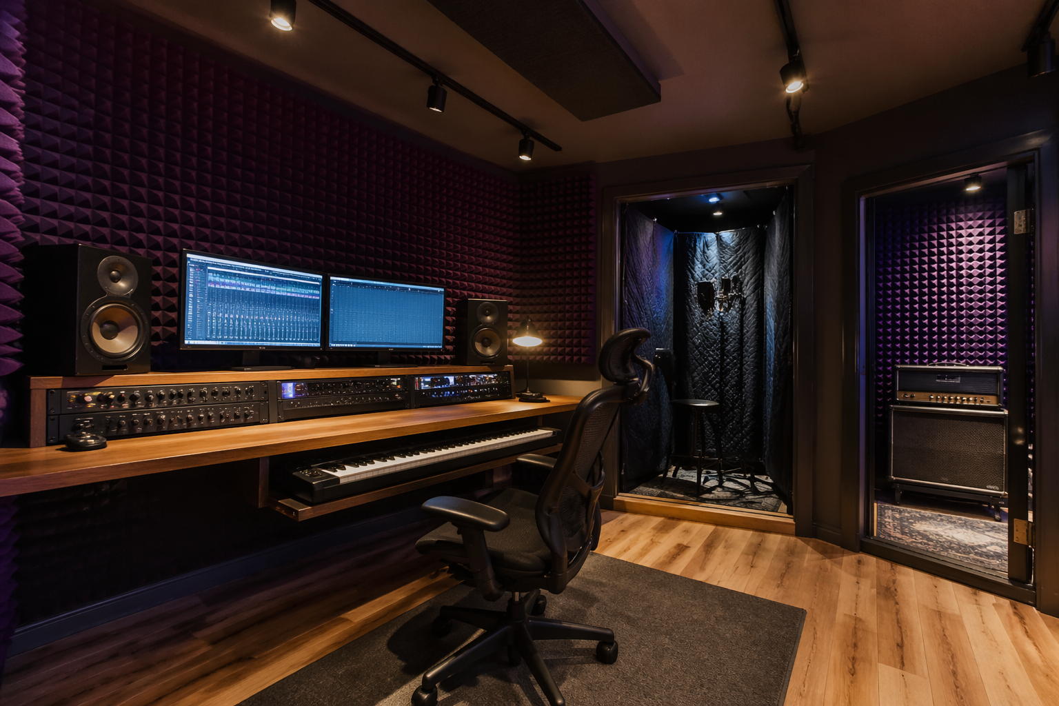 Professional garage recording studio with acoustic treatment and dual monitors