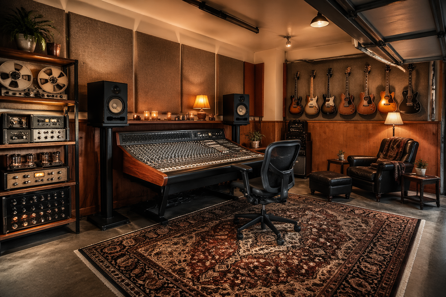 Warm garage recording studio with vintage equipment and wood paneling