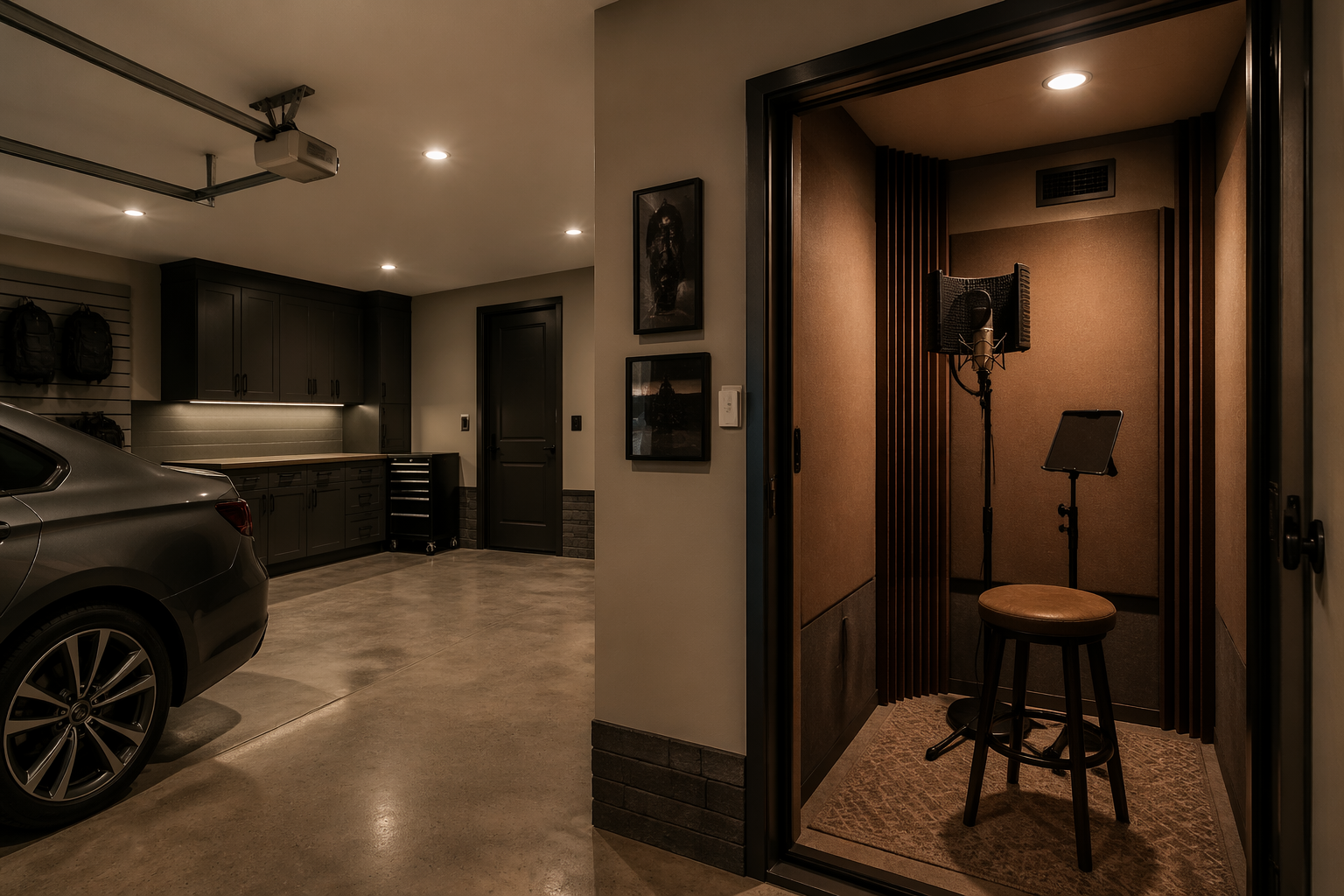 Compact corner vocal booth with earth-tone acoustic panels and bass traps