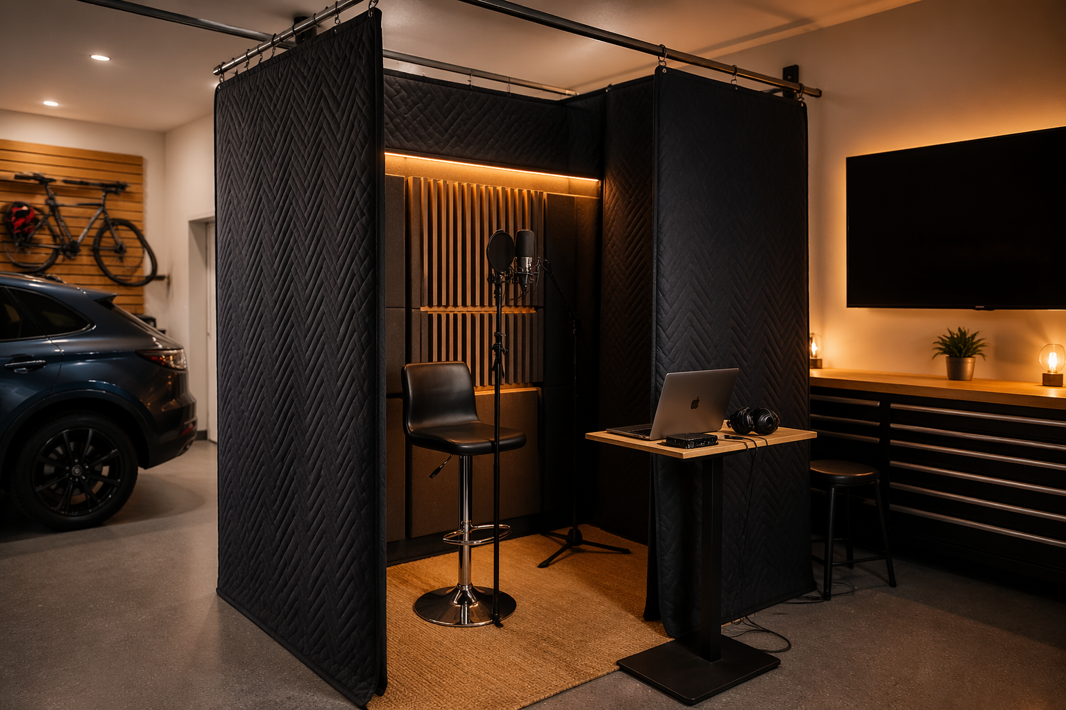 DIY garage vocal booth using moveable blankets and professional microphone