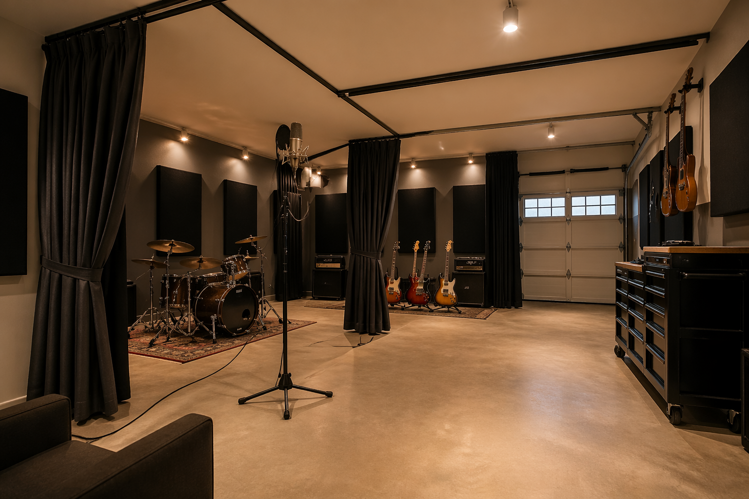 Flexible garage studio with retractable acoustic curtains for vocal recording