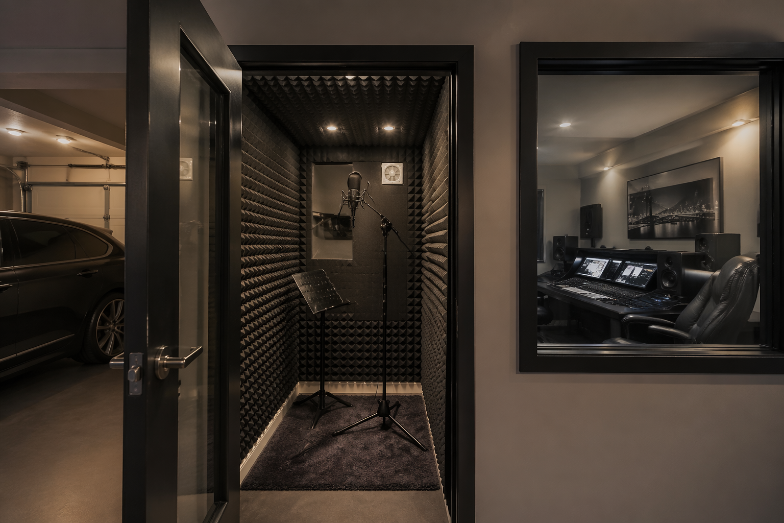 Professional garage vocal booth with double walls and control room window