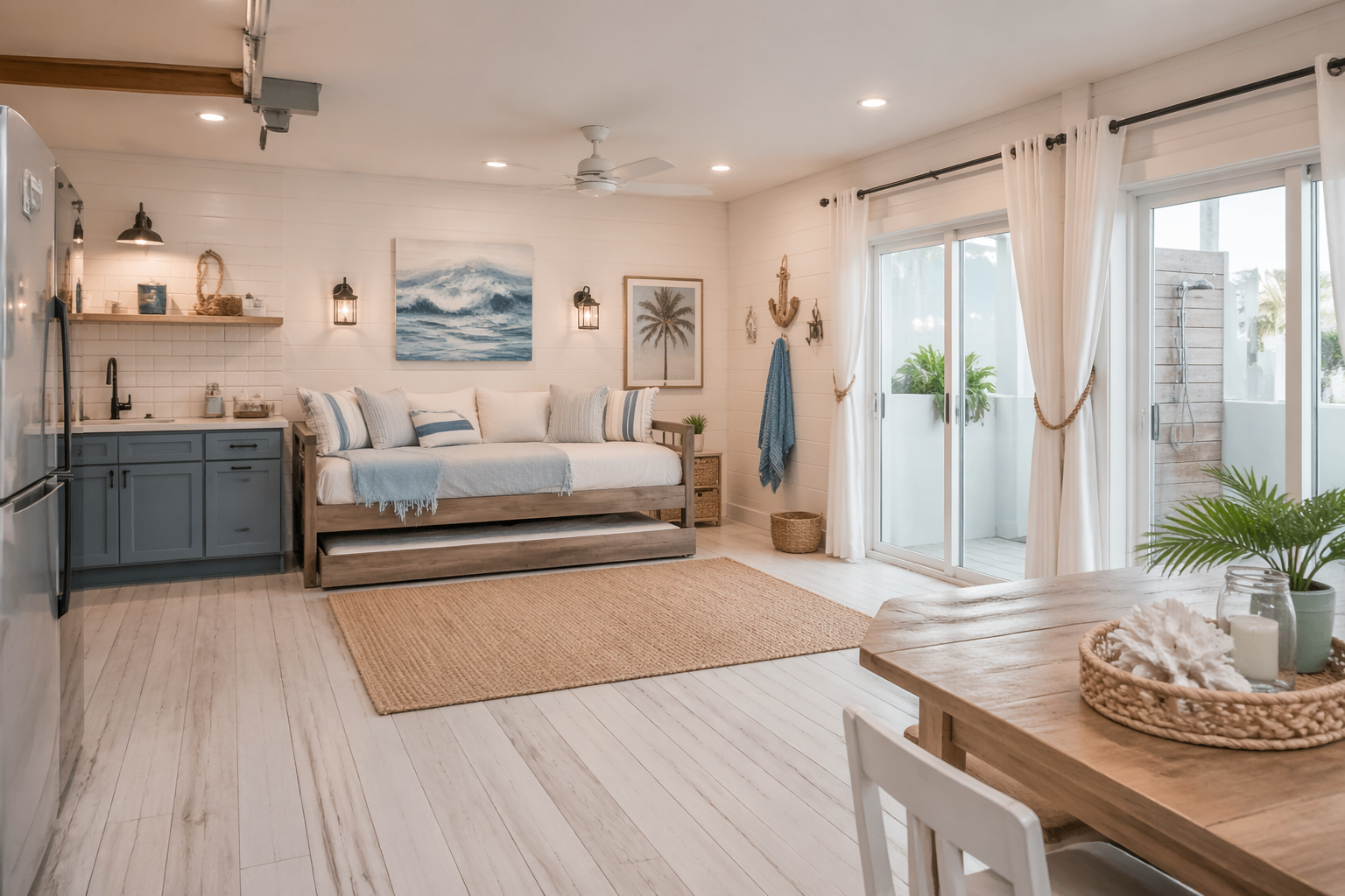 Coastal-themed Airbnb garage studio with beach decor and nautical accents