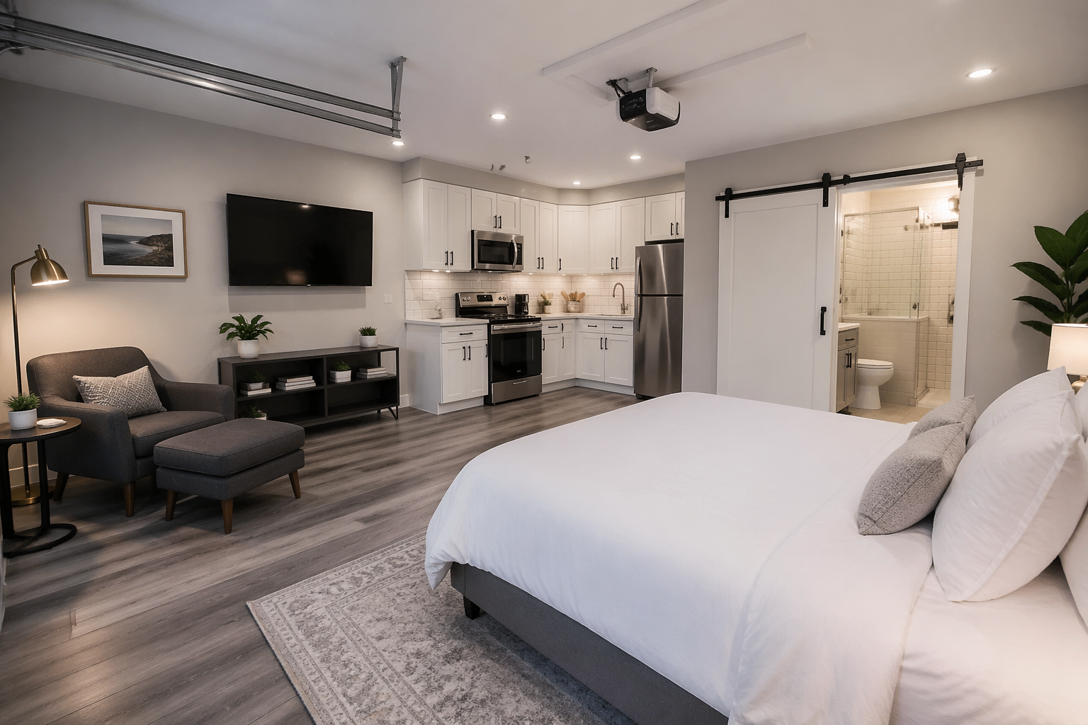Professional Airbnb garage studio with neutral decor and modern amenities