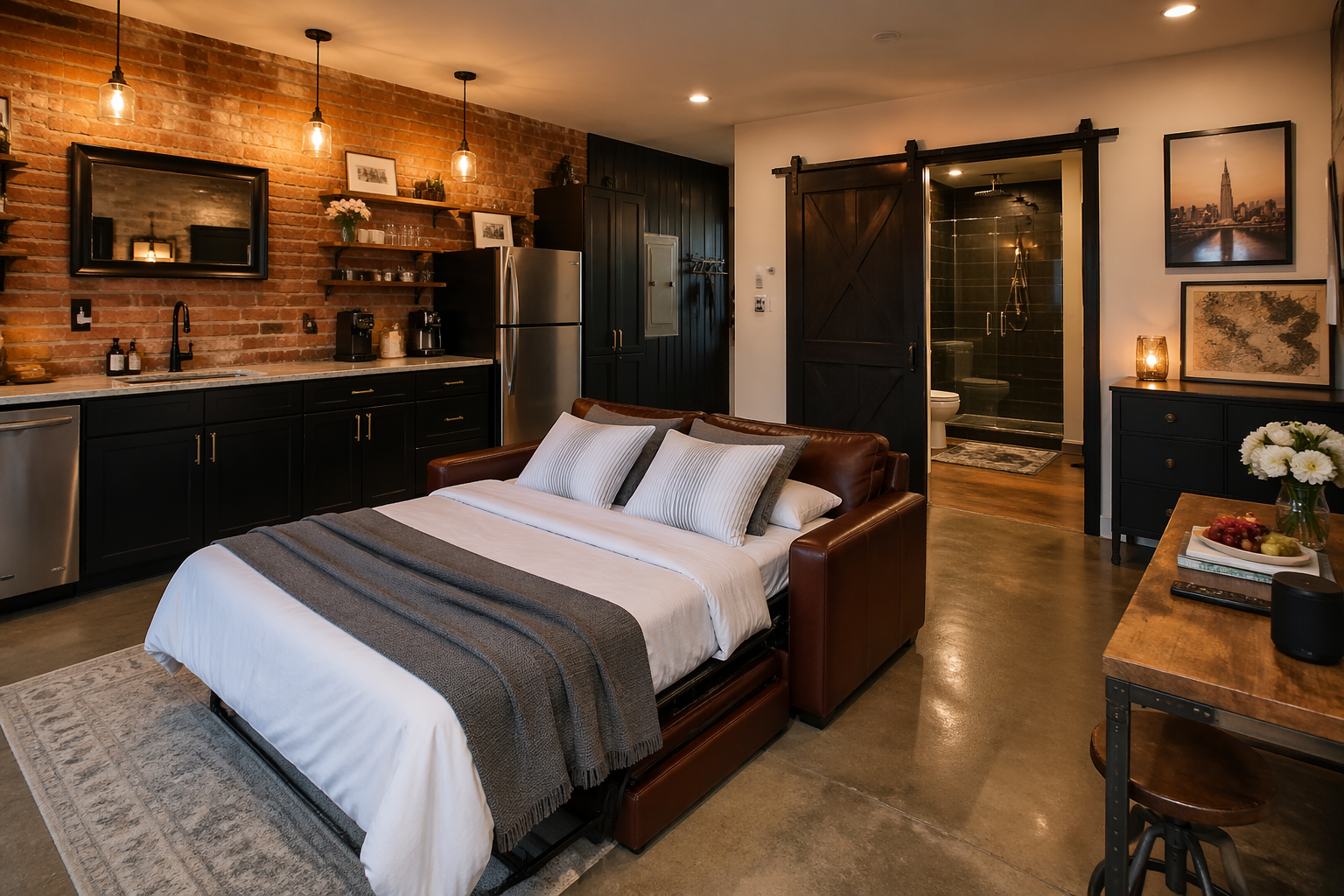 Urban industrial Airbnb garage studio with exposed brick and luxury amenities