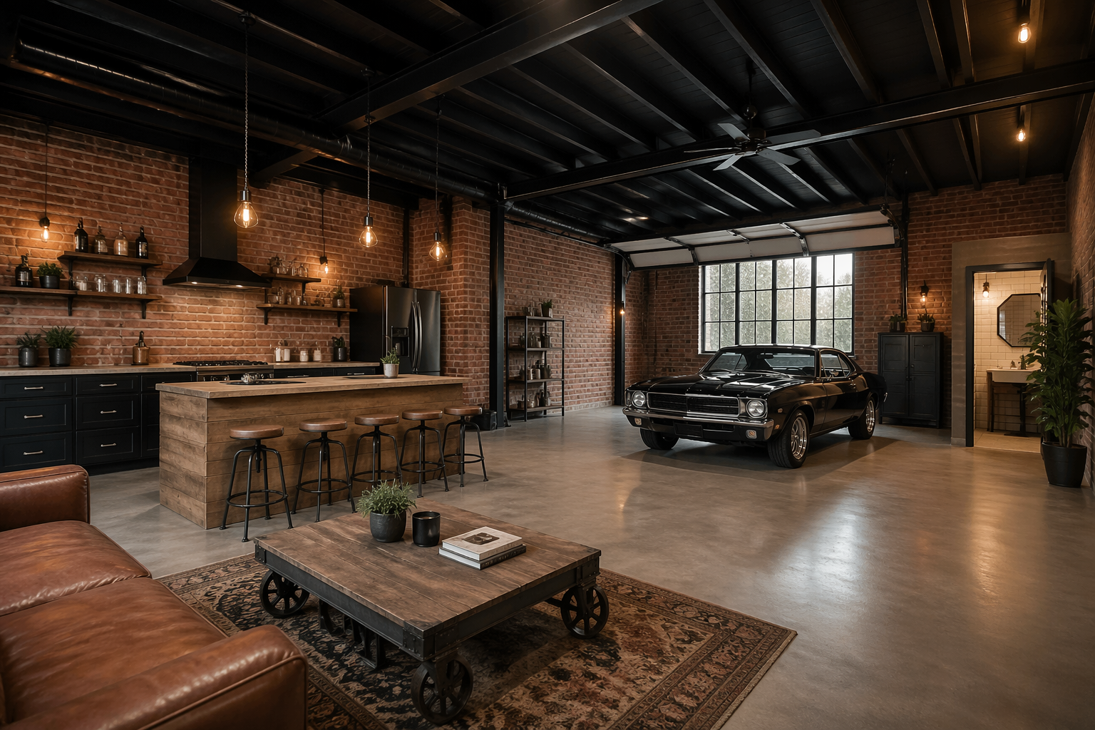 Industrial garage studio with exposed brick walls and reclaimed wood kitchen island