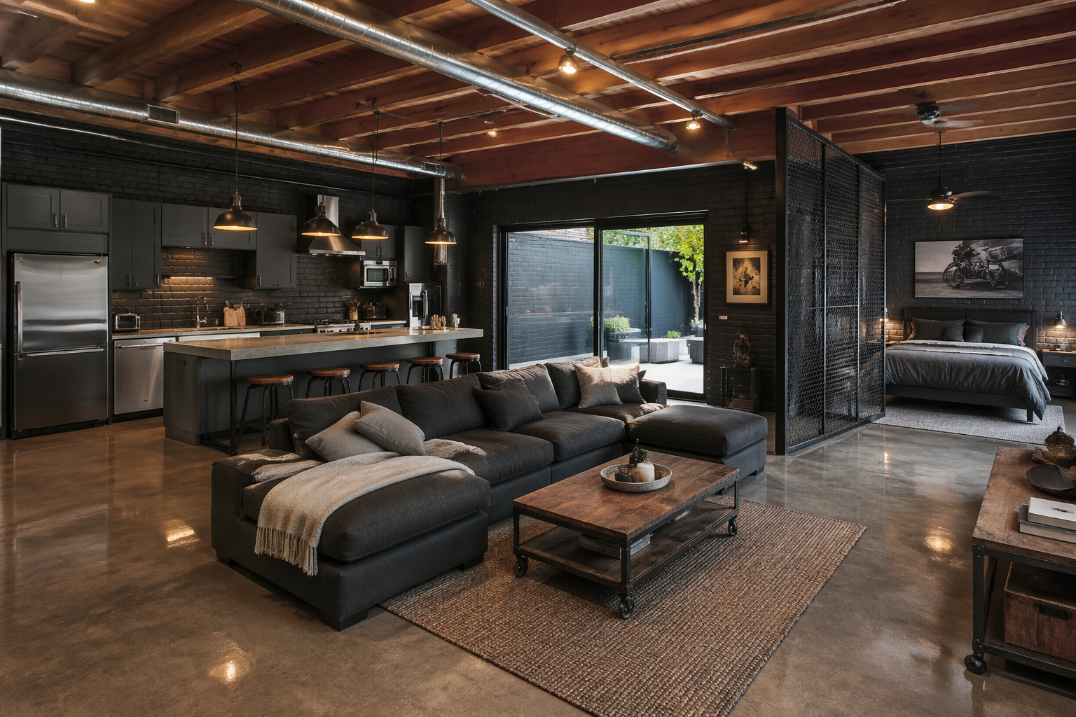 Urban industrial garage loft with polished concrete and dark kitchen