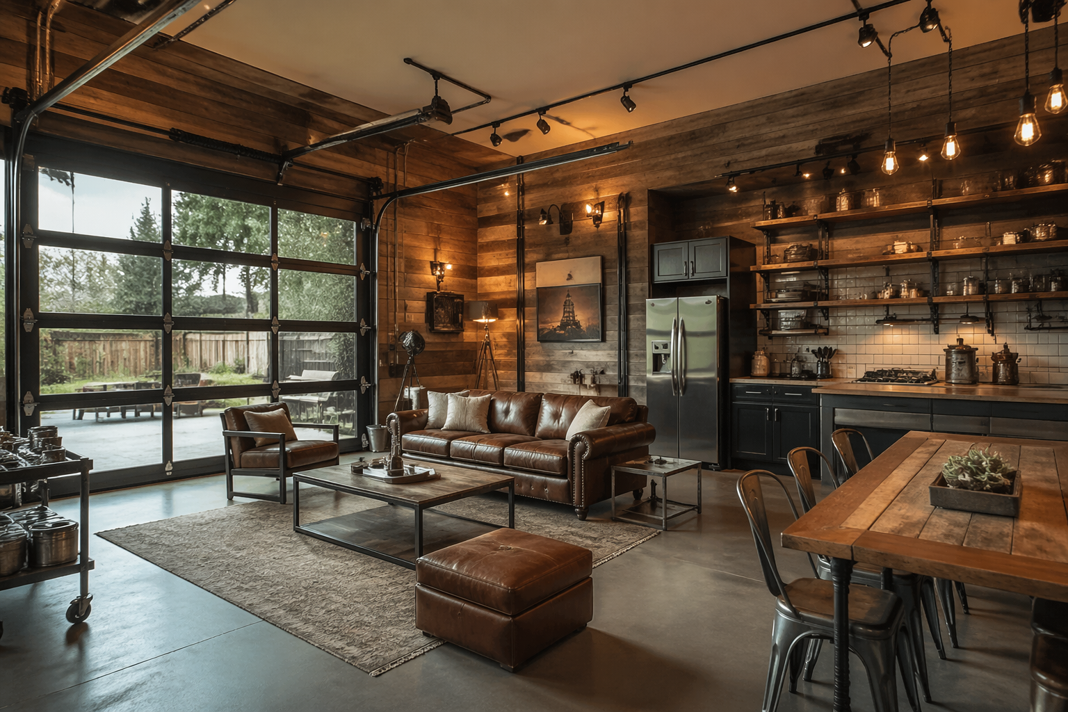 Industrial garage studio featuring weathered wood walls and pipe shelving