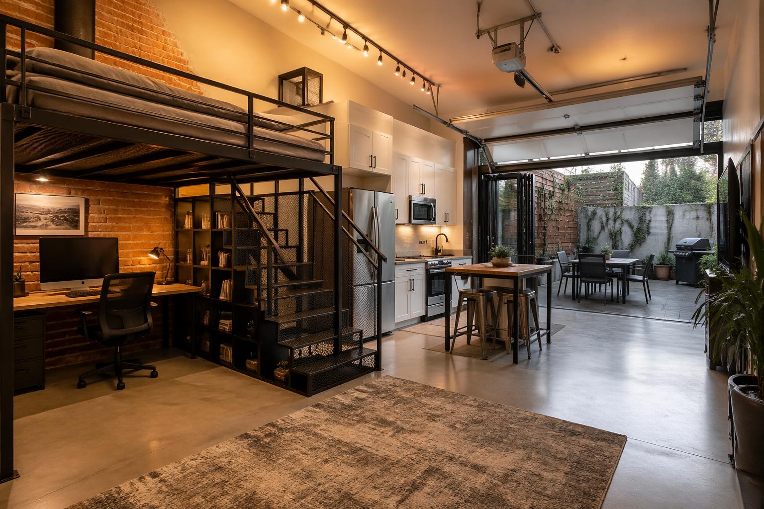 Industrial loft bed studio with steel frame and built-in desk below