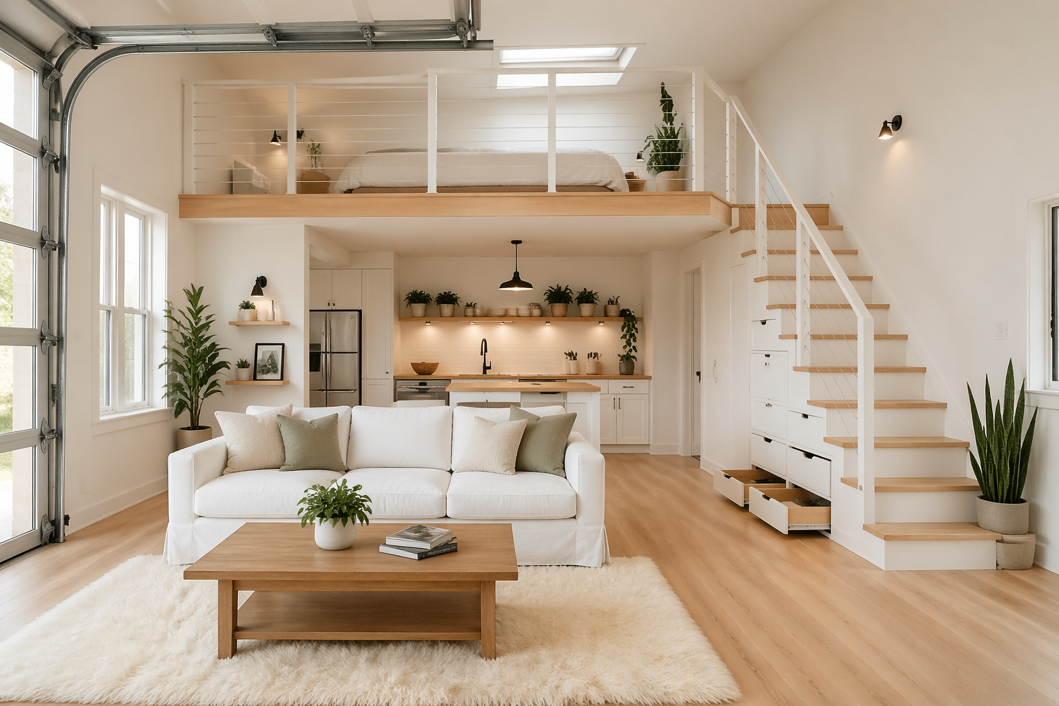 Scandinavian loft bed garage studio with white and natural wood design