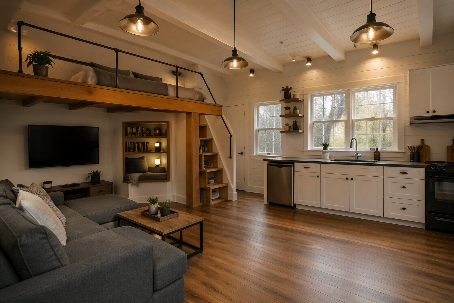 Lofted garage studio with wooden platform bed and living area below
