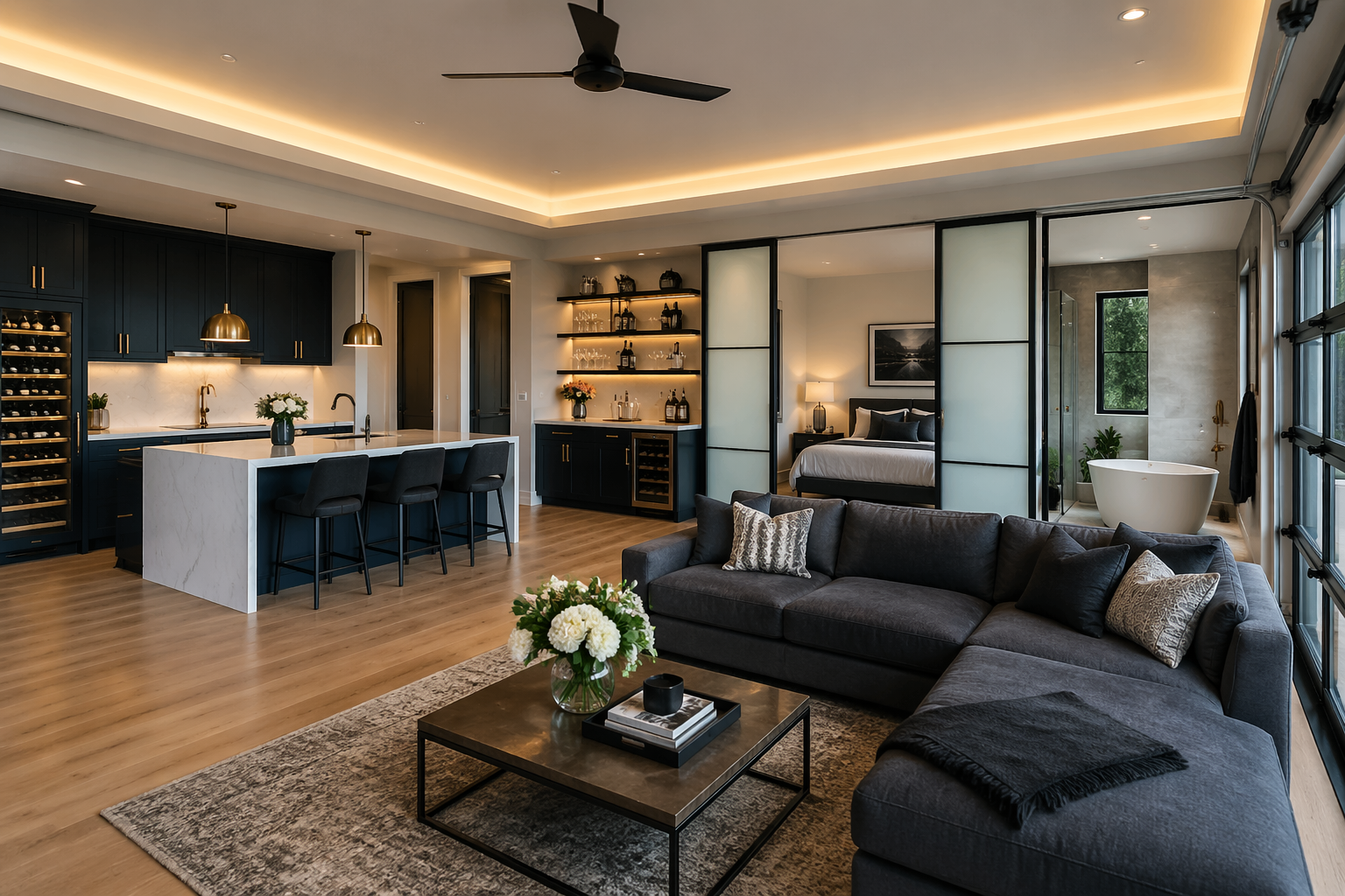 Contemporary luxury garage studio with waterfall island and wine storage