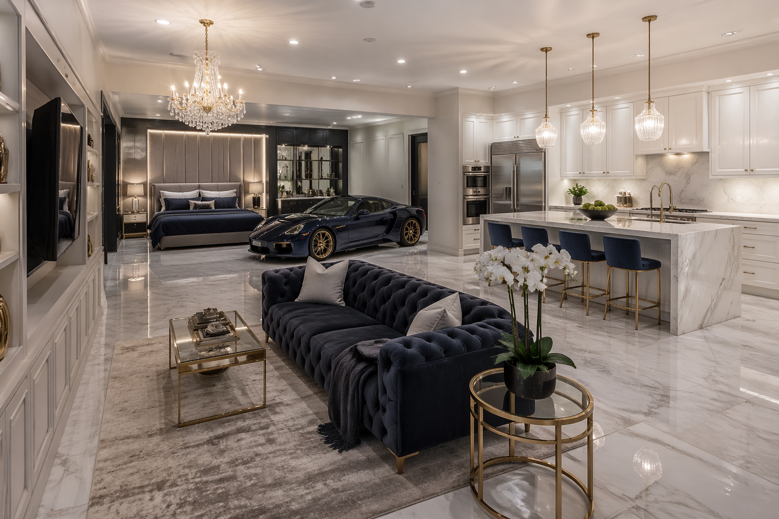High-end luxury garage studio with marble floors and crystal chandelier