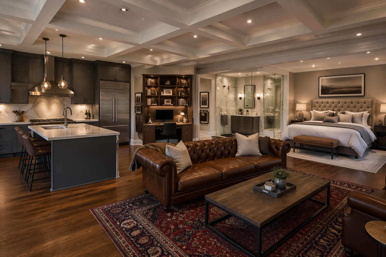 Sophisticated luxury garage studio with walnut floors and Chesterfield sofa