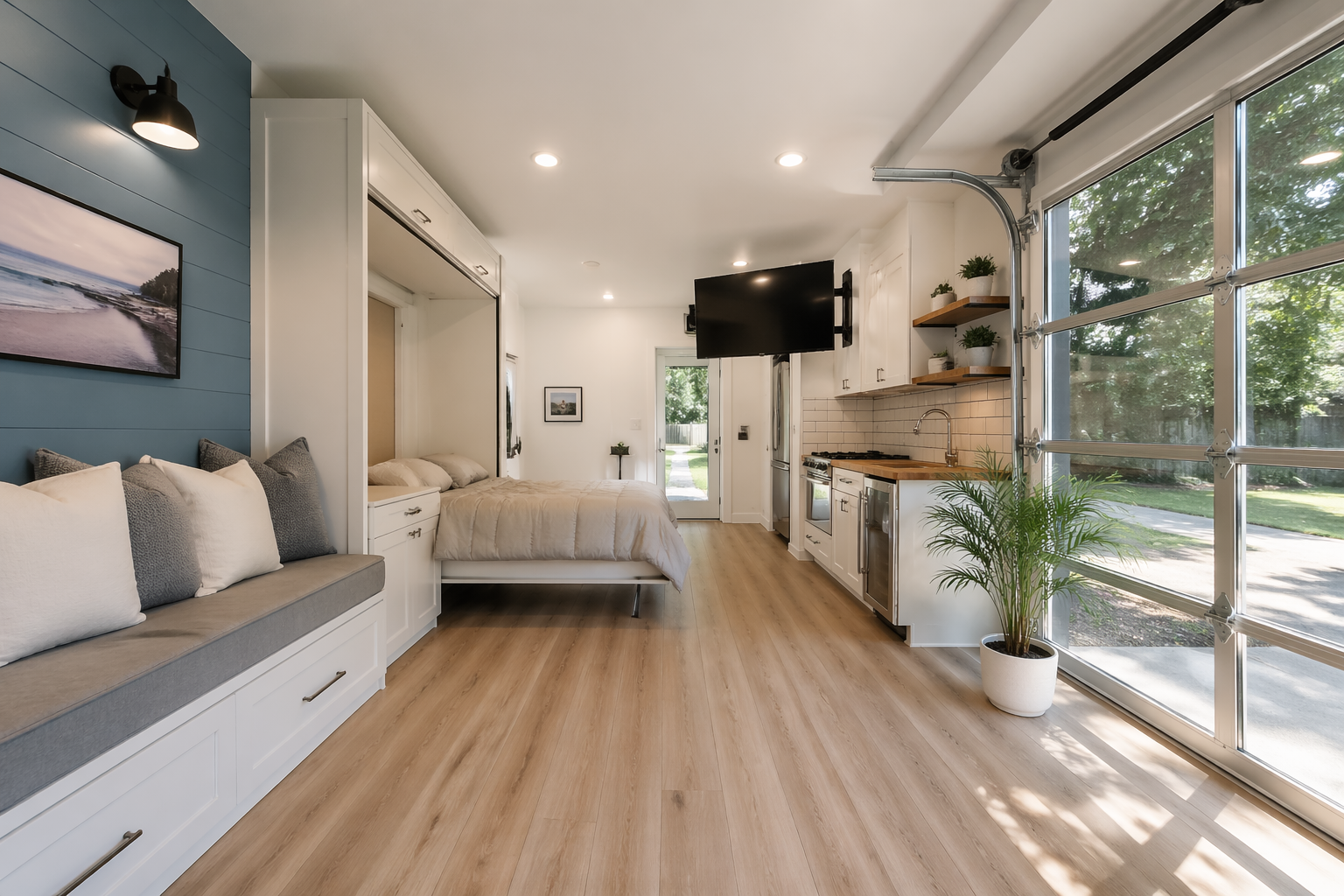 Compact garage studio with fold-down bed and built-in bench seating