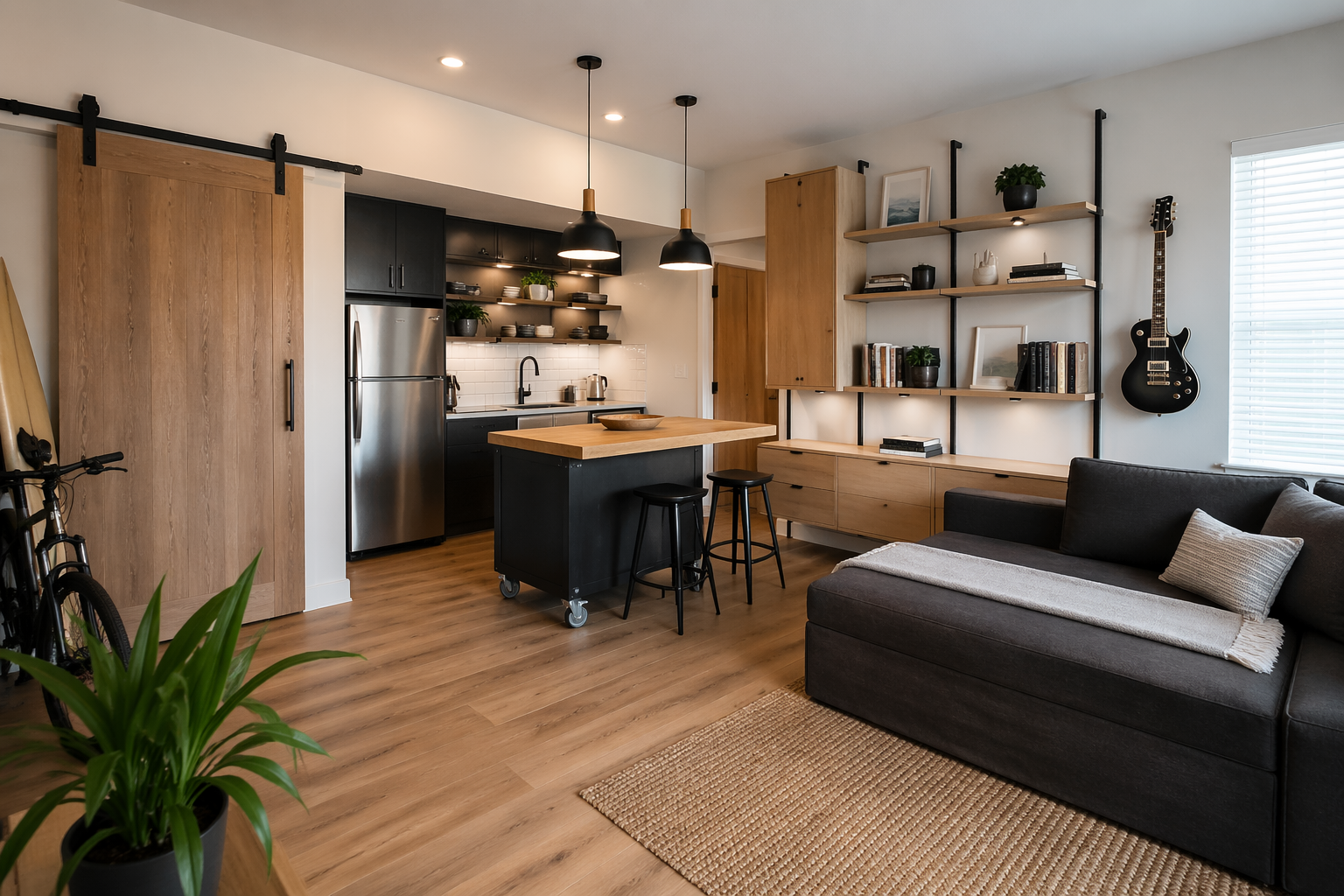 Modular micro studio apartment with convertible furniture and rolling kitchen island