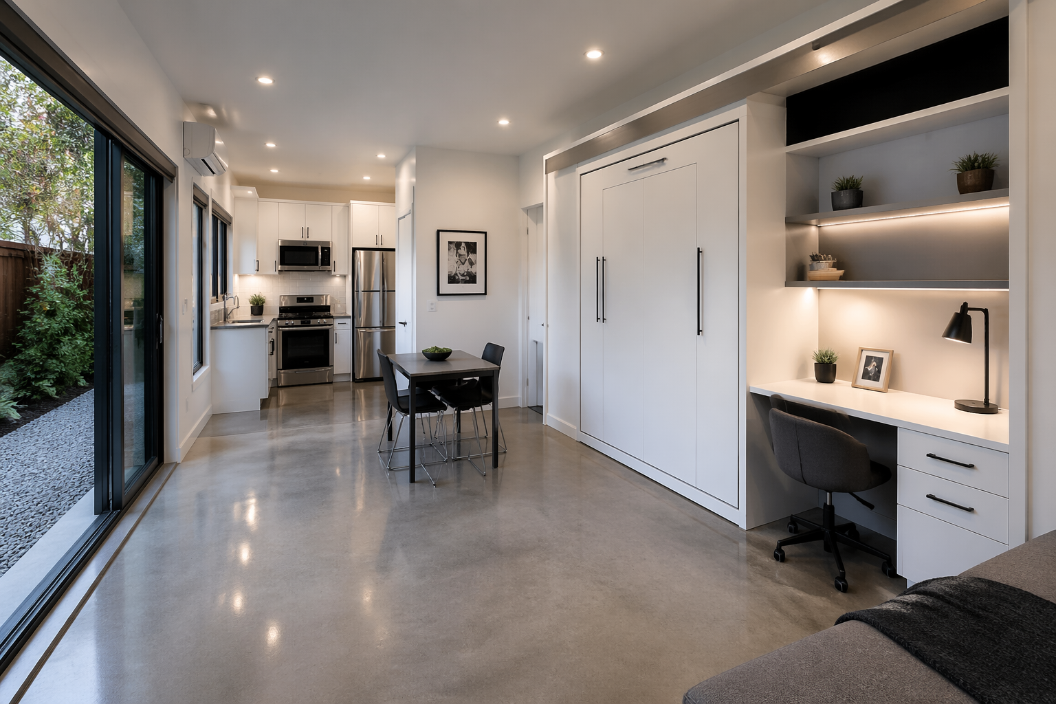 Micro studio garage apartment with Murphy bed and integrated kitchen