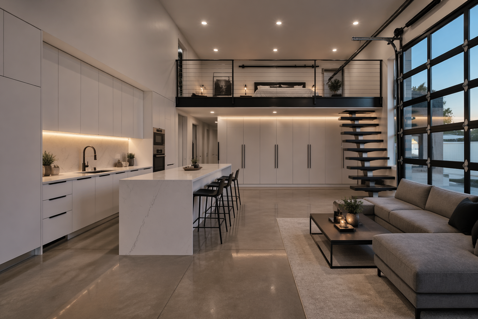 Ultra-modern micro studio with platform loft bed and handleless kitchen