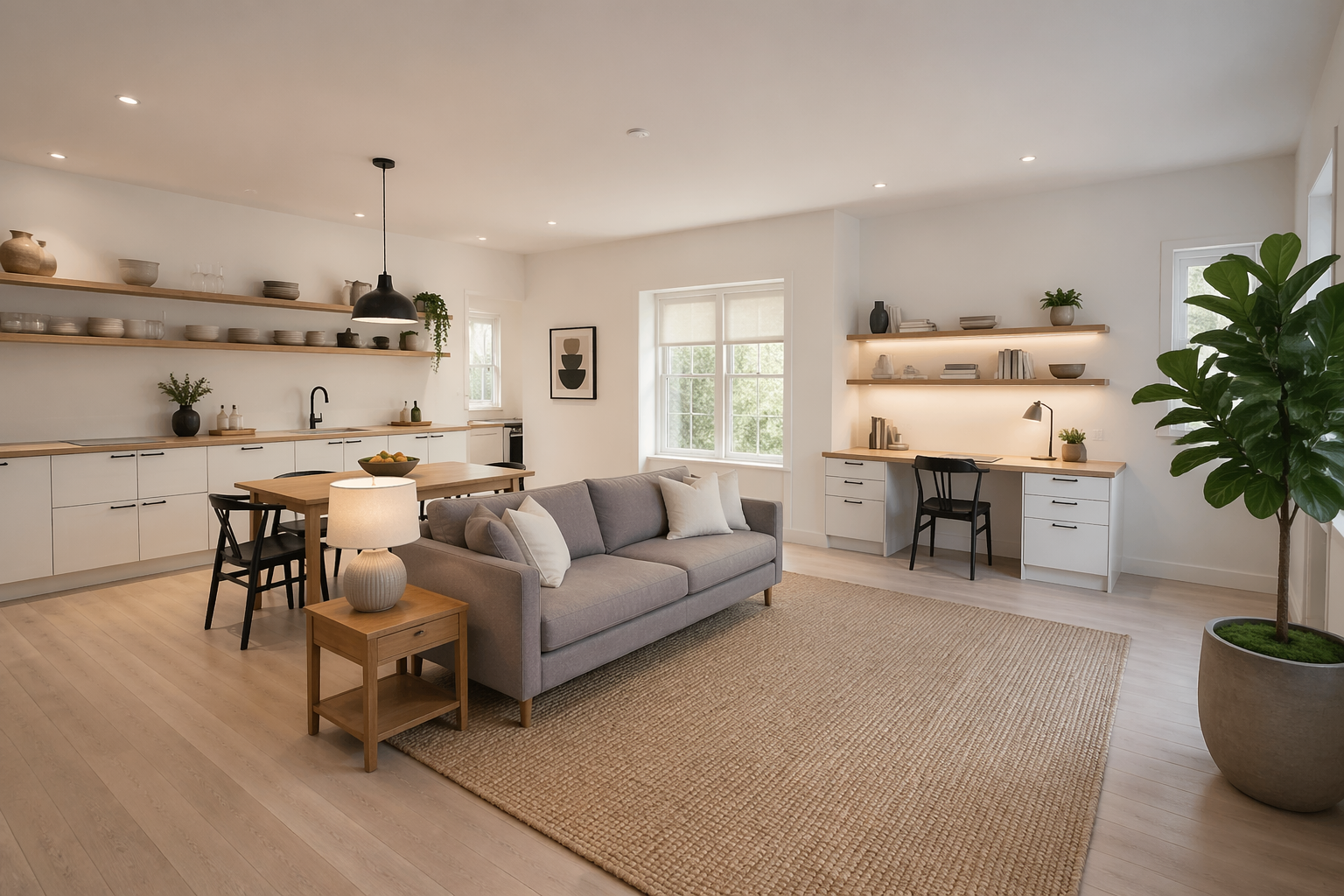 Scandinavian minimalist garage studio with light wood and black accents