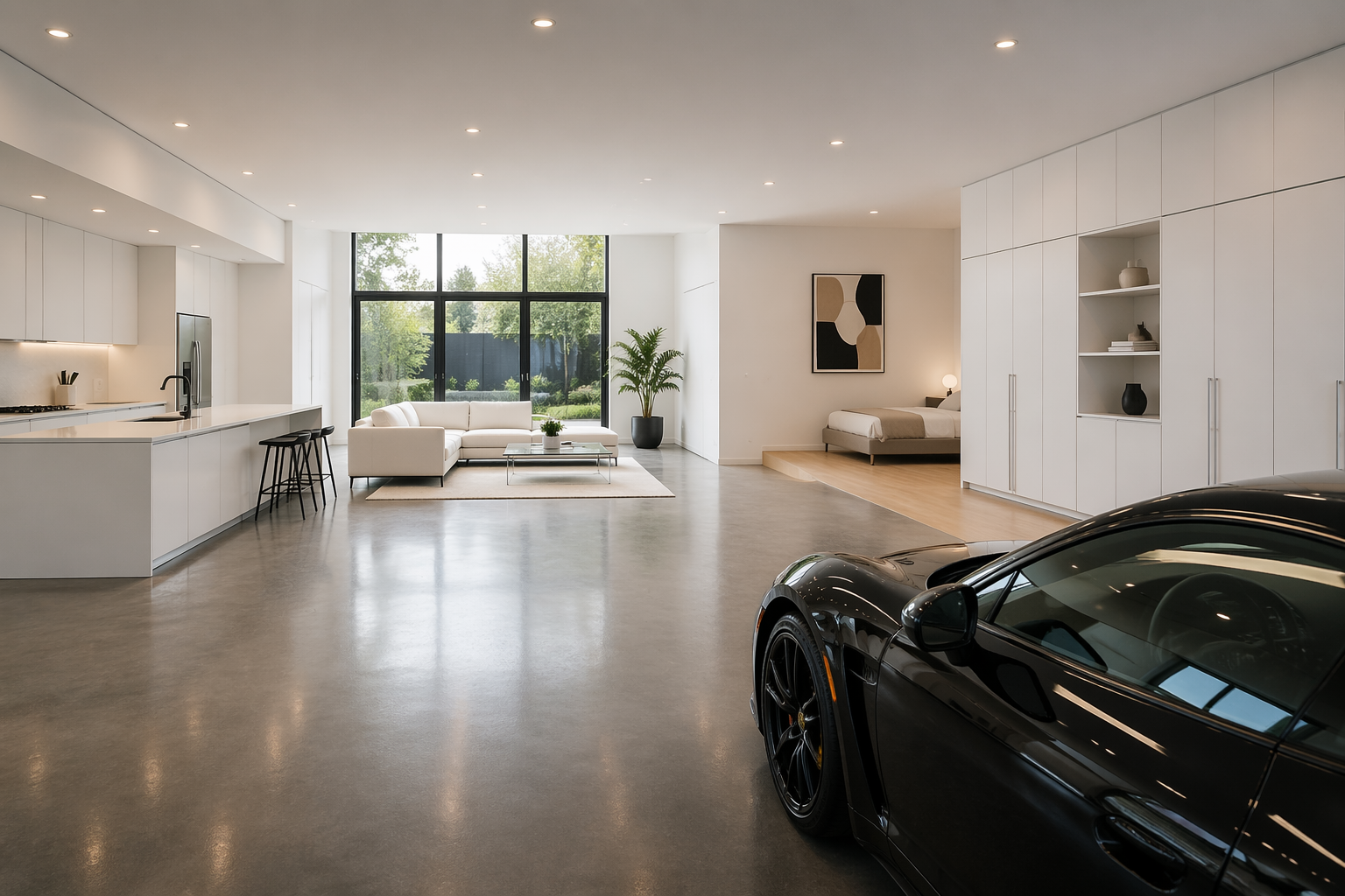 All-white minimalist garage studio with floor-to-ceiling windows and clean lines