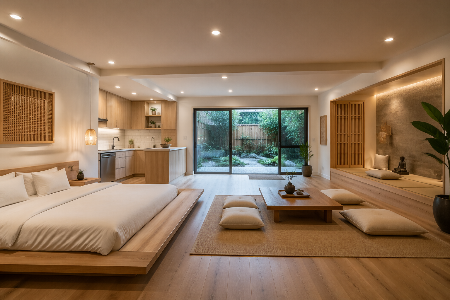 Zen minimalist garage studio with Japanese-inspired low platform bed