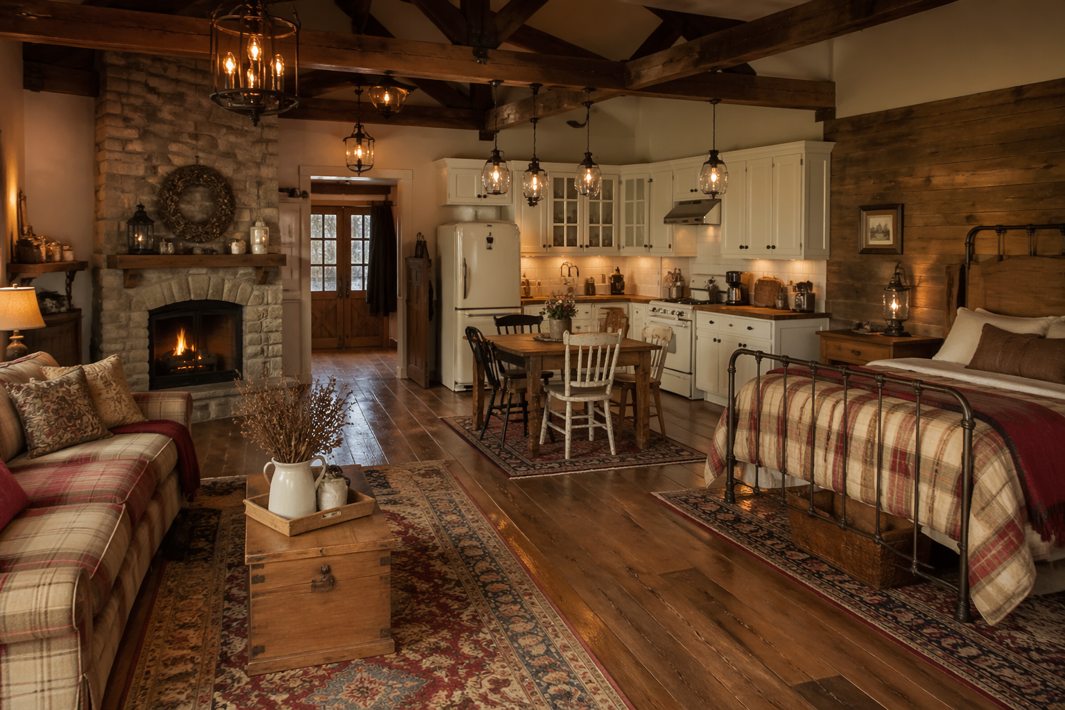 Rustic garage studio with barn wood walls and stone fireplace