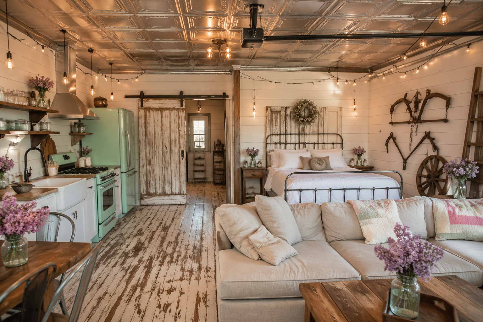Farmhouse garage studio with shiplap walls and vintage tin ceiling