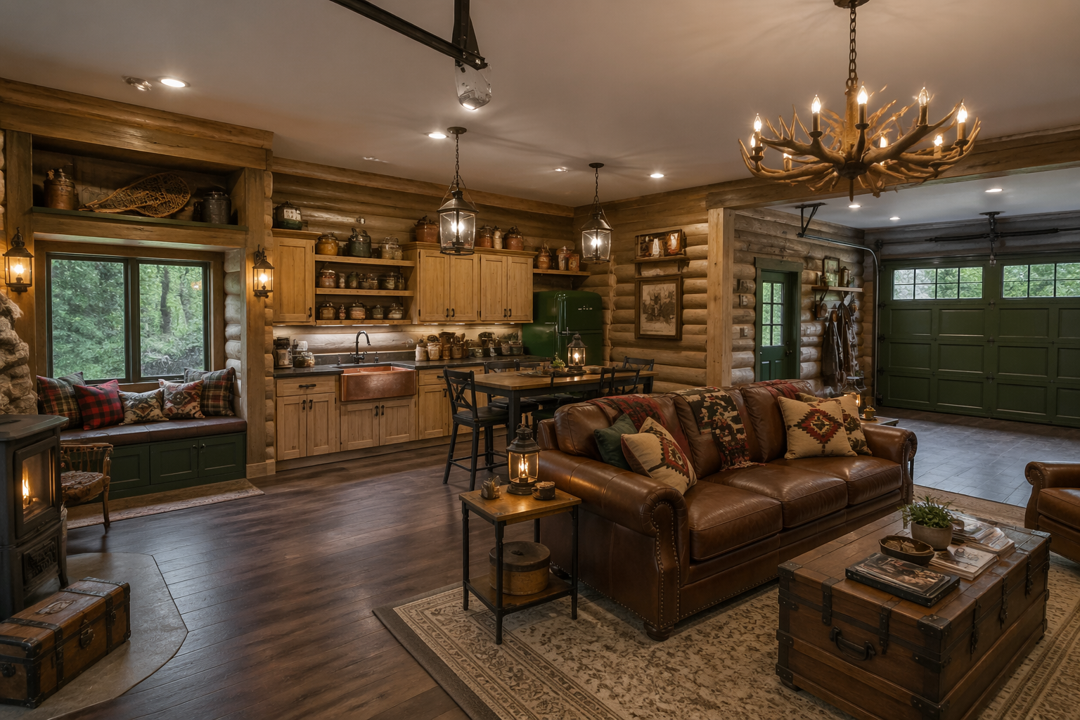 Mountain cabin garage studio with log siding and antler chandelier