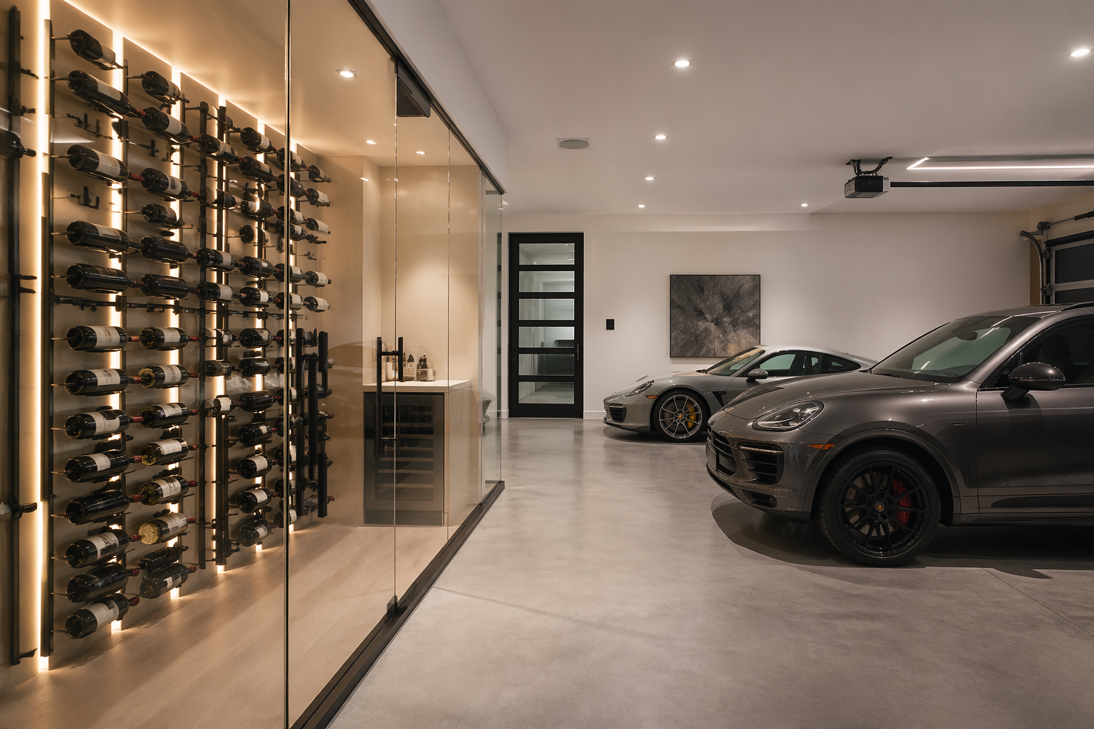 Modern glass-enclosed garage wine room with metal racks and LED lighting