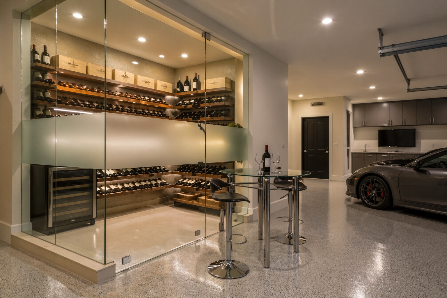 Frosted glass garage wine cellar with floating shelves and modern cooling unit
