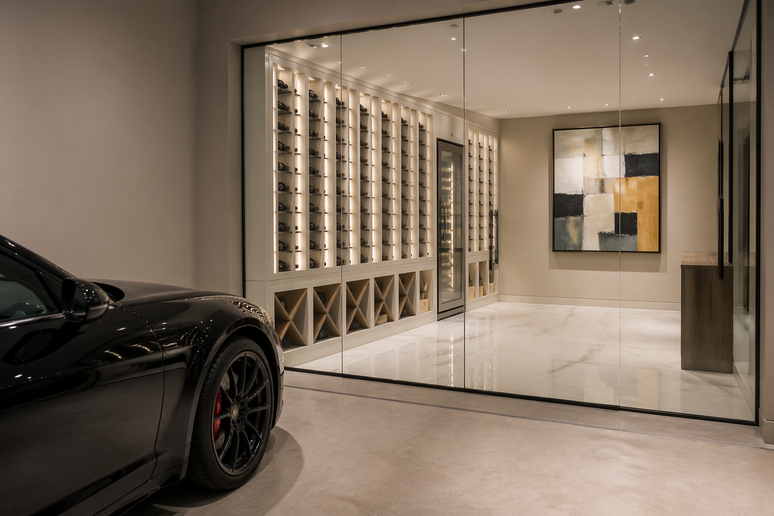 Contemporary white lacquer wine room with marble floors and integrated lighting
