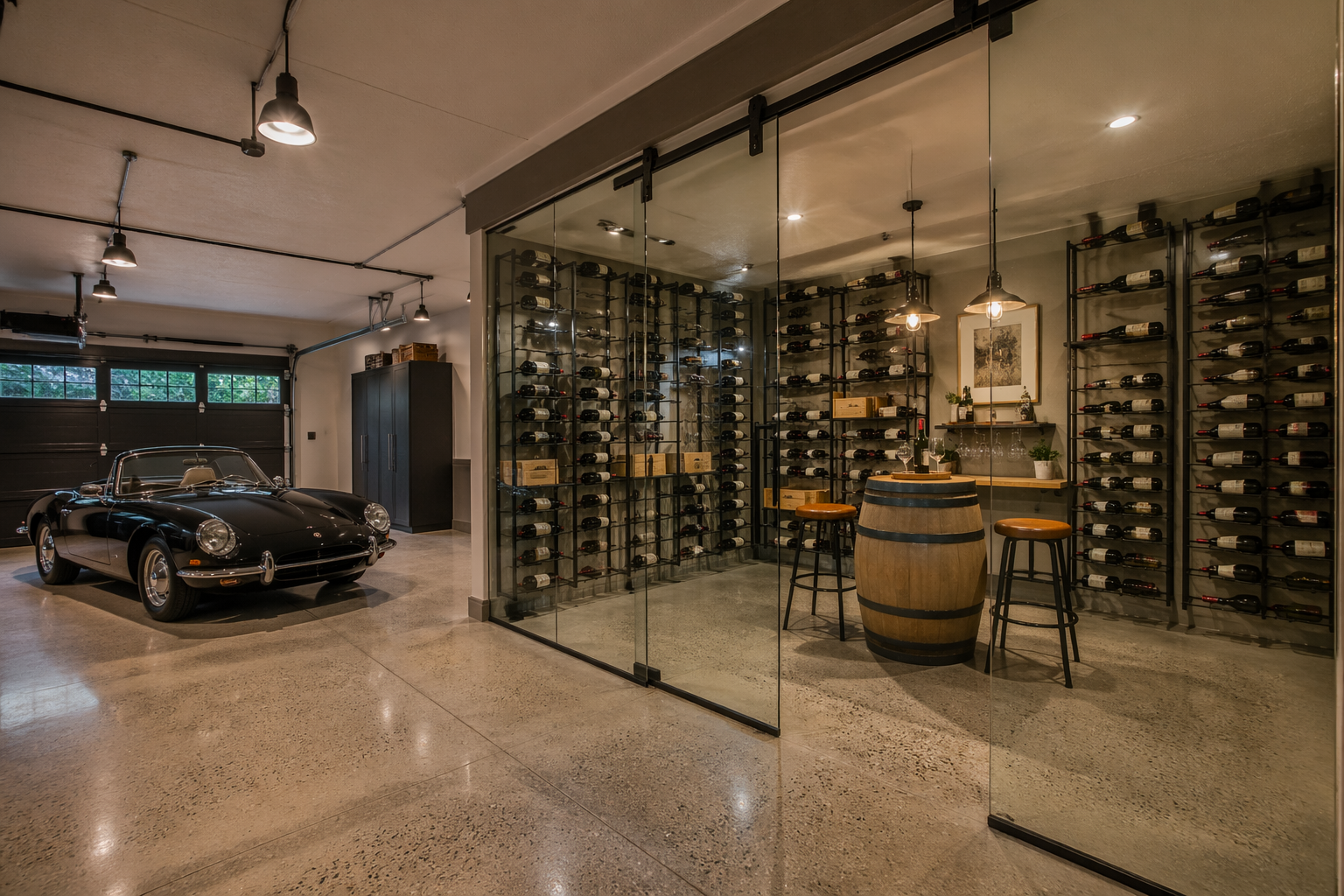 Industrial modern glass wine cellar with metal grid racks and concrete finishes