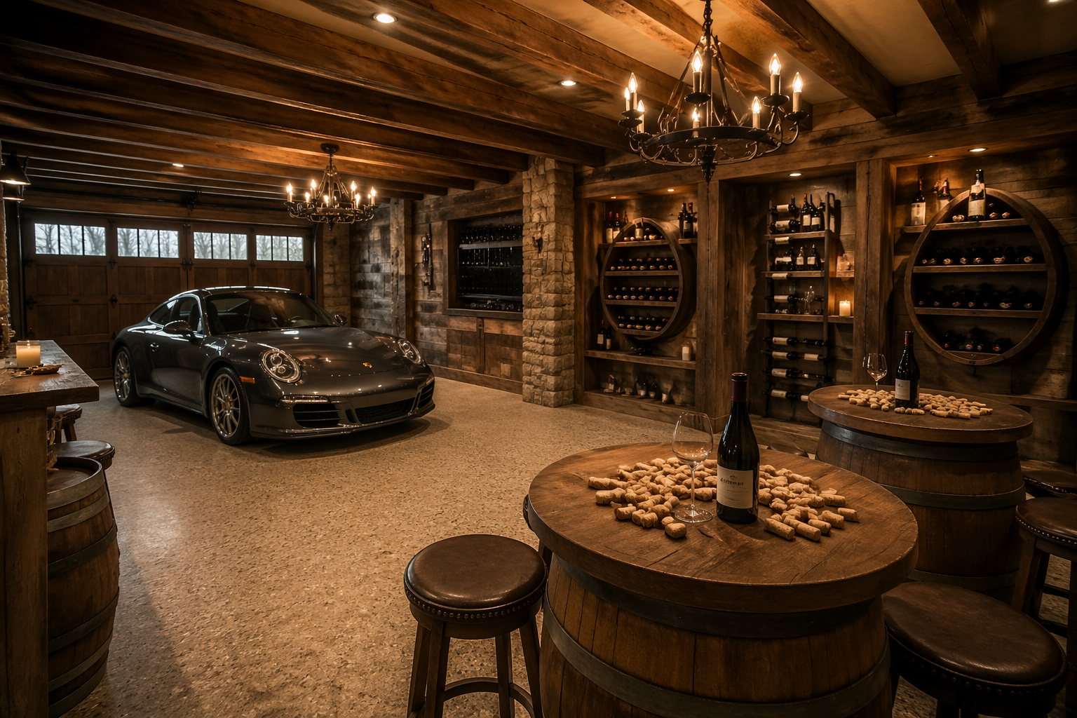 Rustic garage wine cellar with reclaimed wood walls and repurposed barrel furniture