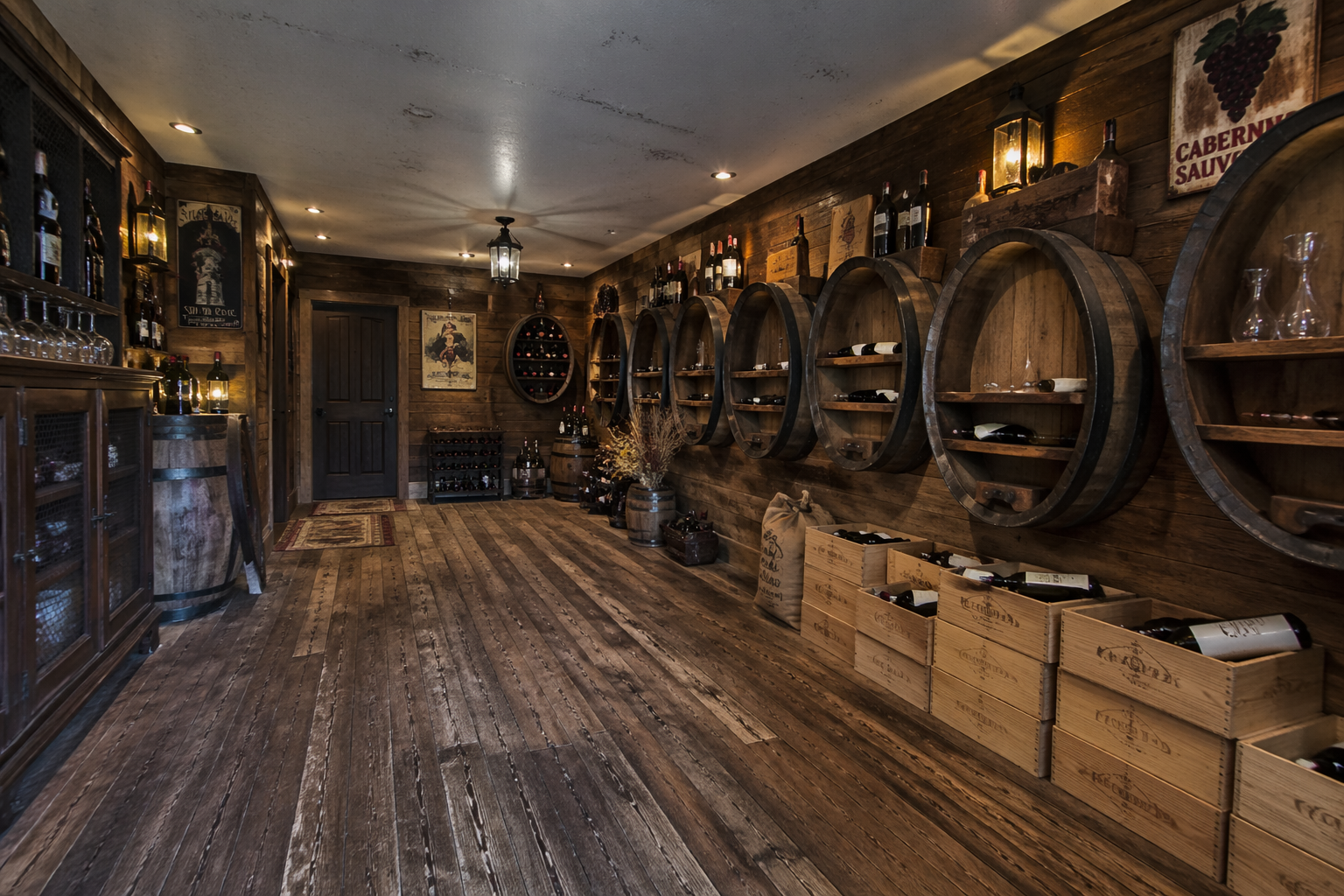 Garage wine cellar featuring wall-mounted barrel storage and vintage winery decor