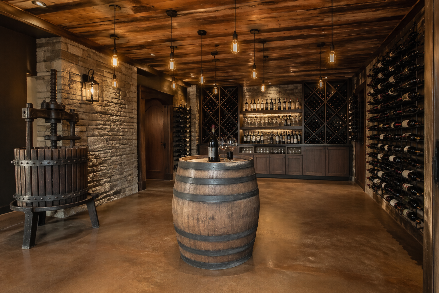 Rustic wine cellar with barrel tasting table and antique pressing equipment